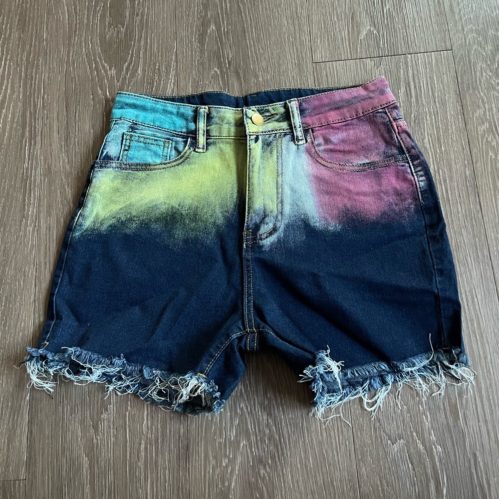 Colorful Ombre Frayed Denim Shorts